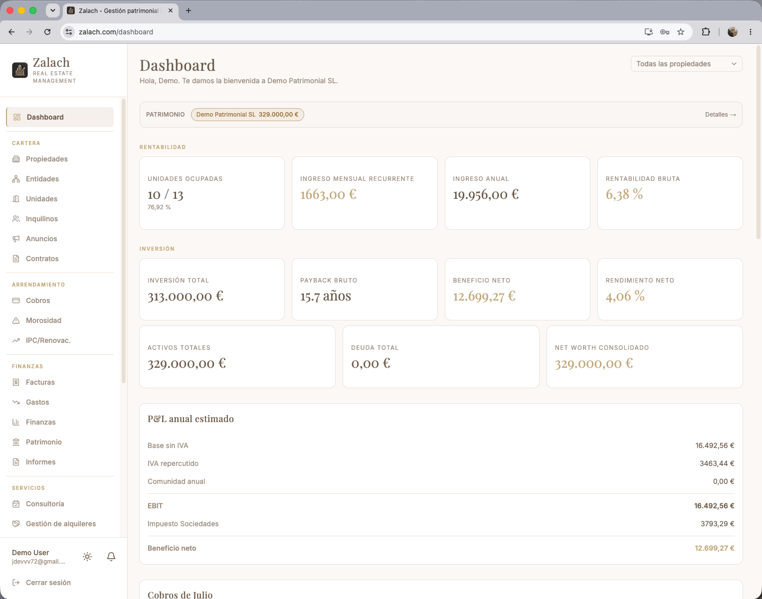 Dashboard de Zalach: software de gestión de alquileres con rentabilidad real